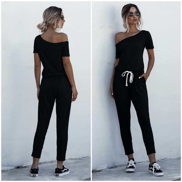 Off shoulder boho waist tie pocket jumpsuit - Picture 4 of 6
